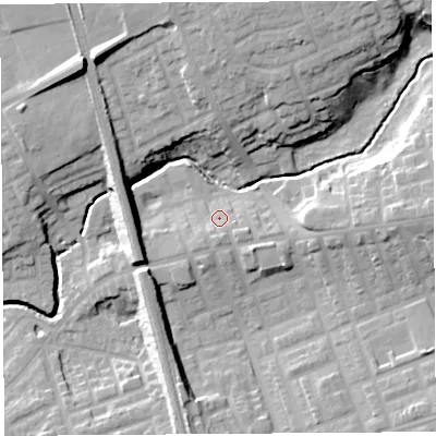 Shaded relief map of the ground around PR23QD, computed from Environment Agency LiDAR. The ground here sits at about 23 m above sea level and falls 19 m across the surrounding 800 m. Surface water reaching this point runs off ground lying to the south-east, 5.3 m higher.