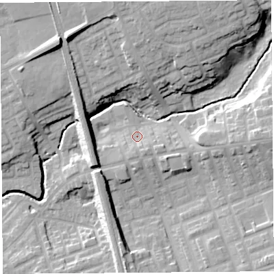 Shaded relief map of the ground around PR23QE, computed from Environment Agency LiDAR. The ground here sits at about 22 m above sea level and falls 19 m across the surrounding 800 m. Surface water reaching this point runs off ground lying to the south-south-east, 3.8 m higher.