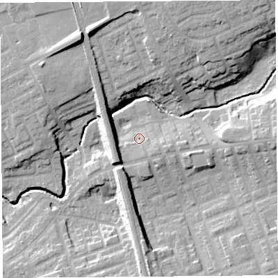 Shaded relief map of the ground around PR23QH, computed from Environment Agency LiDAR. The ground here sits at about 22 m above sea level and falls 20 m across the surrounding 800 m. Surface water reaching this point runs off ground lying to the south-south-east, 1.3 m higher.