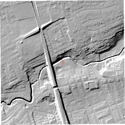 Shaded relief map of the ground around PR23QJ, computed from Environment Agency LiDAR. The ground here sits at about 21 m above sea level and falls 20 m across the surrounding 800 m. Surface water reaching this point runs off ground lying to the north-west, 17.0 m higher.