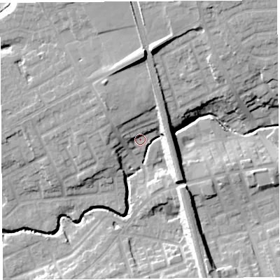 Shaded relief map of the ground around PR23ST, computed from Environment Agency LiDAR. The ground here sits at about 20 m above sea level and falls 20 m across the surrounding 800 m. Surface water reaching this point runs off ground lying to the north, 8.9 m higher.