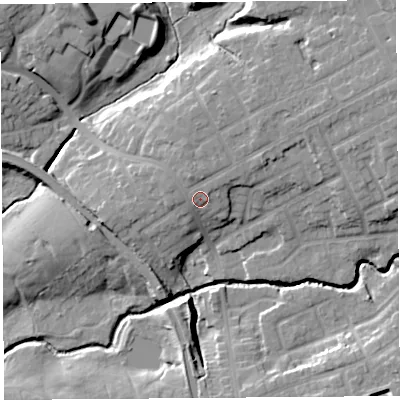 Shaded relief map of the ground around PR23TF, computed from Environment Agency LiDAR. The ground here sits at about 24 m above sea level and falls 17 m across the surrounding 800 m. Surface water reaching this point runs off ground lying to the north-north-east, 1.6 m higher.