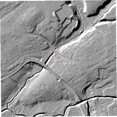 Shaded relief map of the ground around PR23TS, computed from Environment Agency LiDAR. The ground here sits at about 19 m above sea level and falls 17 m across the surrounding 800 m. Surface water reaching this point runs off ground lying to the east-south-east, 6.9 m higher.