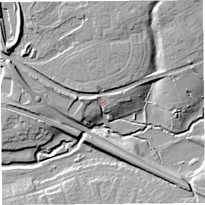 Shaded relief map of the ground around PR23XW, computed from Environment Agency LiDAR. The ground here sits at about 21 m above sea level and falls 19 m across the surrounding 800 m. Surface water reaching this point runs off ground lying to the west-north-west, 5.2 m higher.