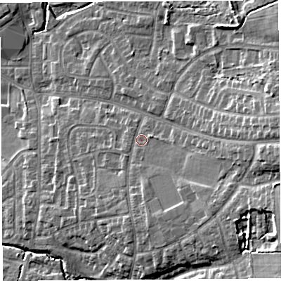Shaded relief map of the ground around PR251AA, computed from Environment Agency LiDAR. The ground here sits at about 22 m above sea level and falls 15 m across the surrounding 800 m. Surface water reaching this point runs off ground lying to the south-east, 5.6 m higher.