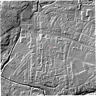 Shaded relief map of the ground around PR251AN, computed from Environment Agency LiDAR. The ground here sits at about 20 m above sea level and falls 13 m across the surrounding 800 m. Surface water reaching this point runs off ground lying to the south-east, 2.9 m higher.