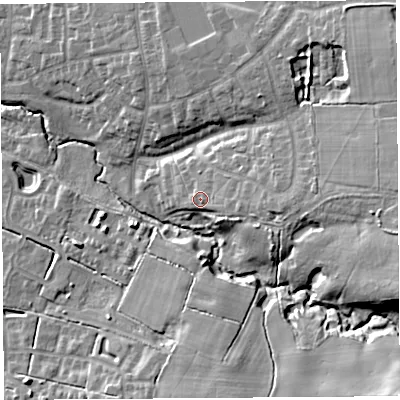 Shaded relief map of the ground around PR251AY, computed from Environment Agency LiDAR. The ground here sits at about 23 m above sea level and falls 19 m across the surrounding 800 m. Surface water reaching this point runs off ground lying to the east, 3.9 m higher.