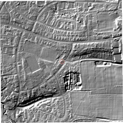 Shaded relief map of the ground around PR251BQ, computed from Environment Agency LiDAR. The ground here sits at about 25 m above sea level and falls 20 m across the surrounding 800 m. Surface water reaching this point runs off ground lying to the east-north-east, 10.4 m higher.