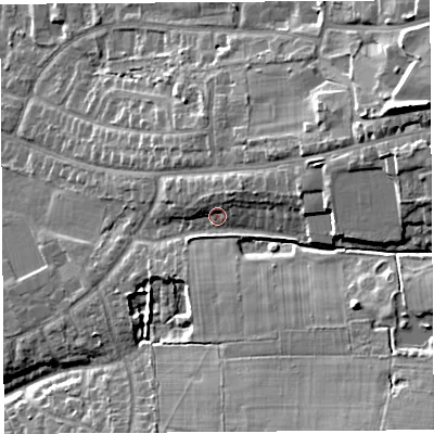 Shaded relief map of the ground around PR251BU, computed from Environment Agency LiDAR. The ground here sits at about 28 m above sea level and falls 22 m across the surrounding 800 m. Surface water reaching this point runs off ground lying to the east-north-east, 7.7 m higher.