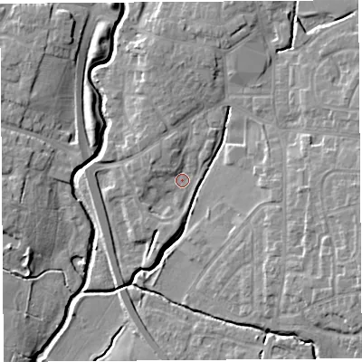 Shaded relief map of the ground around PR251DA, computed from Environment Agency LiDAR. The ground here sits at about 16 m above sea level and falls 11 m across the surrounding 800 m. Surface water reaching this point runs off ground lying to the north-west, 2.9 m higher.