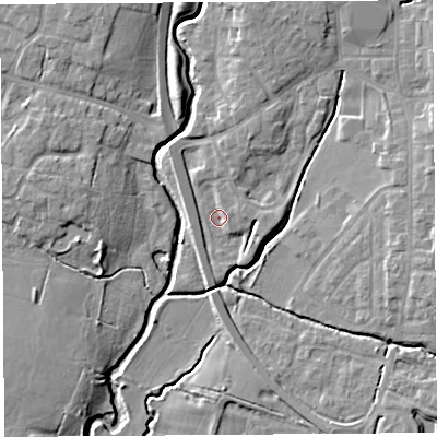 Shaded relief map of the ground around PR251DB, computed from Environment Agency LiDAR. The ground here sits at about 15 m above sea level and falls 9 m across the surrounding 800 m. Surface water reaching this point runs off ground lying to the north-north-east, 3.5 m higher.