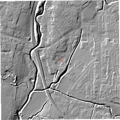 Shaded relief map of the ground around PR251DF, computed from Environment Agency LiDAR. The ground here sits at about 15 m above sea level and falls 10 m across the surrounding 800 m. Surface water reaching this point runs off ground lying to the north-north-west, 2.5 m higher.