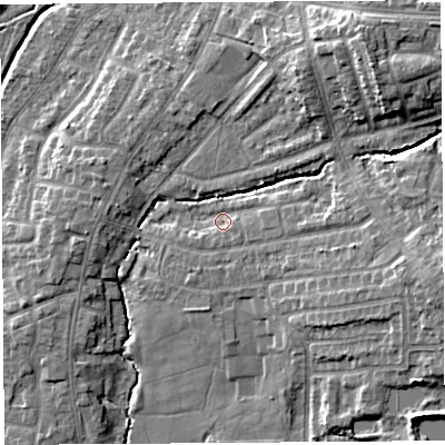 Shaded relief map of the ground around PR251GQ, computed from Environment Agency LiDAR. The ground here sits at about 21 m above sea level and falls 14 m across the surrounding 800 m. Surface water reaching this point runs off ground lying to the east-south-east, 2.7 m higher.