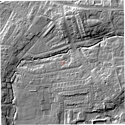 Shaded relief map of the ground around PR251GR, computed from Environment Agency LiDAR. The ground here sits at about 23 m above sea level and falls 14 m across the surrounding 800 m. Surface water reaching this point runs off ground lying to the east, 2.4 m higher.