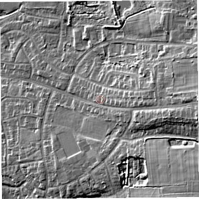 Shaded relief map of the ground around PR251HE, computed from Environment Agency LiDAR. The ground here sits at about 24 m above sea level and falls 17 m across the surrounding 800 m. Surface water reaching this point runs off ground lying to the east, 10.4 m higher.