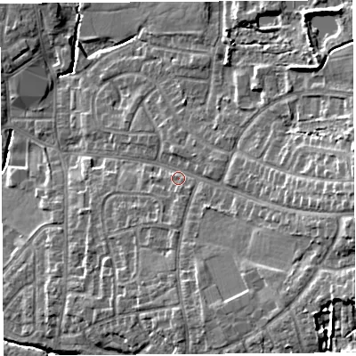 Shaded relief map of the ground around PR251HH, computed from Environment Agency LiDAR. The ground here sits at about 21 m above sea level and falls 14 m across the surrounding 800 m. Surface water reaching this point runs off ground lying to the east, 8.4 m higher.
