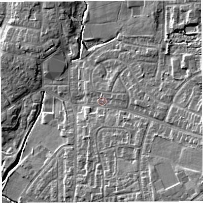 Shaded relief map of the ground around PR251HJ, computed from Environment Agency LiDAR. The ground here sits at about 19 m above sea level and falls 13 m across the surrounding 800 m. Surface water reaching this point runs off ground lying to the south-east, 7.2 m higher.
