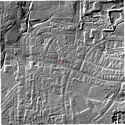 Shaded relief map of the ground around PR251HW, computed from Environment Agency LiDAR. The ground here sits at about 20 m above sea level and falls 14 m across the surrounding 800 m. Surface water reaching this point runs off ground lying to the east-south-east, 8.5 m higher.