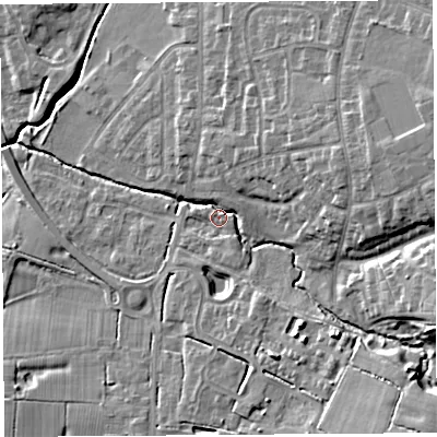 Shaded relief map of the ground around PR251JU, computed from Environment Agency LiDAR. The ground here sits at about 17 m above sea level and falls 14 m across the surrounding 800 m. Surface water reaching this point runs off ground lying to the south-east, 10.9 m higher.