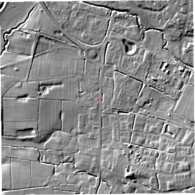 Shaded relief map of the ground around PR251LA, computed from Environment Agency LiDAR. The ground here sits at about 18 m above sea level and falls 16 m across the surrounding 800 m. Surface water reaching this point runs off ground lying to the south-east, 9.8 m higher.
