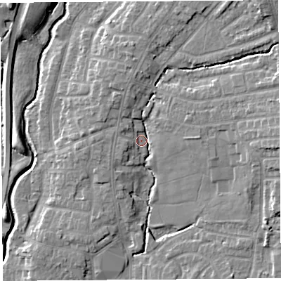 Shaded relief map of the ground around PR251QD, computed from Environment Agency LiDAR. The ground here sits at about 19 m above sea level and falls 13 m across the surrounding 800 m. Surface water reaching this point runs off ground lying to the north-east, 8.7 m higher.