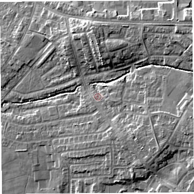 Shaded relief map of the ground around PR251QL, computed from Environment Agency LiDAR. The ground here sits at about 24 m above sea level and falls 13 m across the surrounding 800 m. Surface water reaching this point runs off ground lying to the south-east, 6.8 m higher.