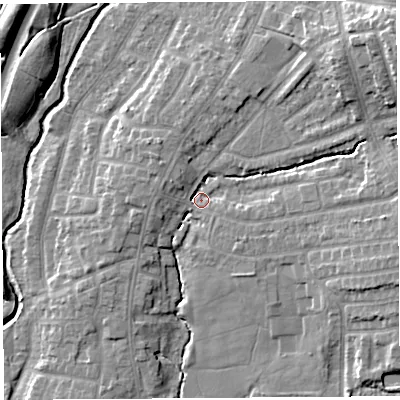Shaded relief map of the ground around PR251QP, computed from Environment Agency LiDAR. The ground here sits at about 20 m above sea level and falls 15 m across the surrounding 800 m. Surface water reaching this point runs off ground lying to the north-east, 11.2 m higher.