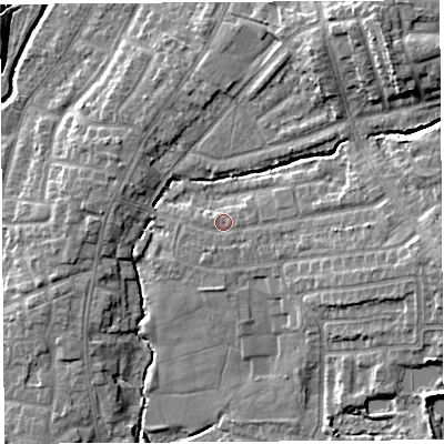 Shaded relief map of the ground around PR251QQ, computed from Environment Agency LiDAR. The ground here sits at about 22 m above sea level and falls 14 m across the surrounding 800 m. Surface water reaching this point runs off ground lying to the east, 4.9 m higher.