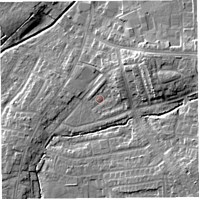 Shaded relief map of the ground around PR251QT, computed from Environment Agency LiDAR. The ground here sits at about 23 m above sea level and falls 14 m across the surrounding 800 m. Surface water reaching this point runs off ground lying to the north-east, 5.0 m higher.