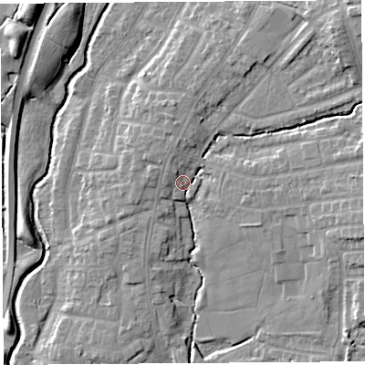Shaded relief map of the ground around PR251QW, computed from Environment Agency LiDAR. The ground here sits at about 20 m above sea level and falls 14 m across the surrounding 800 m. Surface water reaching this point runs off ground lying to the north-north-west, 3.9 m higher.