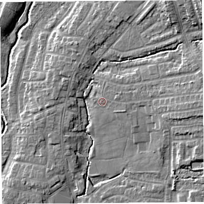 Shaded relief map of the ground around PR251QY, computed from Environment Agency LiDAR. The ground here sits at about 21 m above sea level and falls 15 m across the surrounding 800 m. Surface water reaching this point runs off ground lying to the east, 5.7 m higher.
