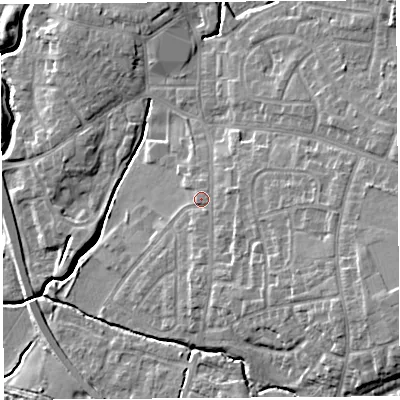 Shaded relief map of the ground around PR251TB, computed from Environment Agency LiDAR. The ground here sits at about 19 m above sea level and falls 13 m across the surrounding 800 m. Surface water reaching this point runs off ground lying to the east-north-east, 1.5 m higher.