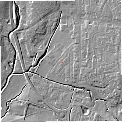 Shaded relief map of the ground around PR251TD, computed from Environment Agency LiDAR. The ground here sits at about 17 m above sea level and falls 12 m across the surrounding 800 m. Surface water reaching this point runs off ground lying to the east-north-east, 2.8 m higher.