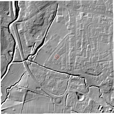 Shaded relief map of the ground around PR251TE, computed from Environment Agency LiDAR. The ground here sits at about 17 m above sea level and falls 12 m across the surrounding 800 m. Surface water reaching this point runs off ground lying to the east, 6.7 m higher.
