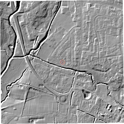 Shaded relief map of the ground around PR251TJ, computed from Environment Agency LiDAR. The ground here sits at about 16 m above sea level and falls 12 m across the surrounding 800 m. Surface water reaching this point runs off ground lying to the north-east, 3.9 m higher.