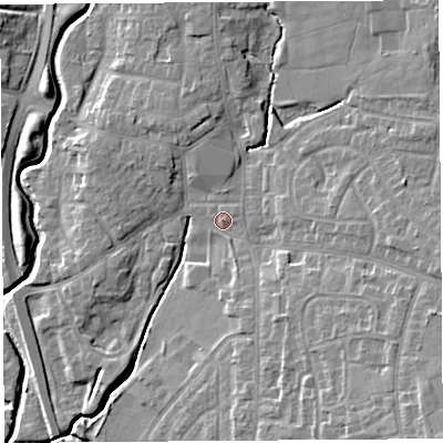 Shaded relief map of the ground around PR251TL, computed from Environment Agency LiDAR. The ground here sits at about 17 m above sea level and falls 13 m across the surrounding 800 m. Surface water reaching this point runs off ground lying to the south-east, 8.8 m higher.
