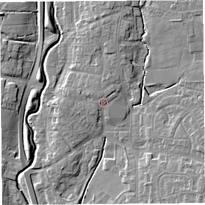Shaded relief map of the ground around PR251TU, computed from Environment Agency LiDAR. The ground here sits at about 19 m above sea level and falls 11 m across the surrounding 800 m. Surface water reaching this point runs off ground lying to the north-north-west, 1.5 m higher.