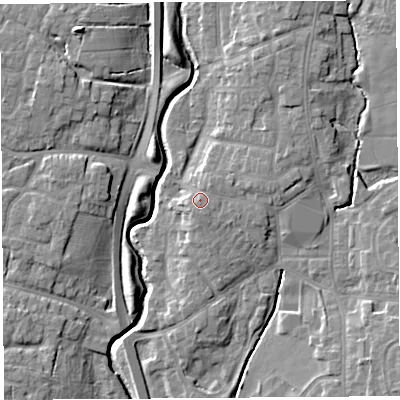 Shaded relief map of the ground around PR251TX, computed from Environment Agency LiDAR. The ground here sits at about 19 m above sea level and falls 11 m across the surrounding 800 m. Surface water reaching this point runs off ground lying to the north-east, 1.2 m higher.