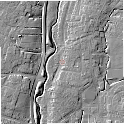 Shaded relief map of the ground around PR251TY, computed from Environment Agency LiDAR. The ground here sits at about 17 m above sea level and falls 10 m across the surrounding 800 m. Surface water reaching this point runs off ground lying to the north-east, 4.0 m higher.