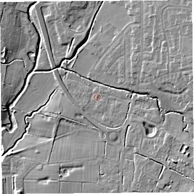Shaded relief map of the ground around PR251UG, computed from Environment Agency LiDAR. The ground here sits at about 16 m above sea level and falls 12 m across the surrounding 800 m. Surface water reaching this point runs off ground lying to the south-east, 6.8 m higher.