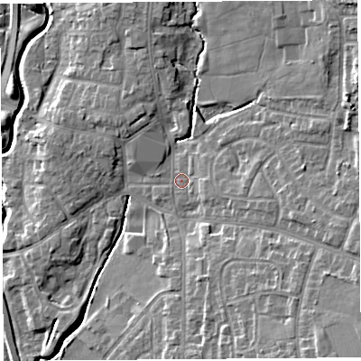 Shaded relief map of the ground around PR251UP, computed from Environment Agency LiDAR. The ground here sits at about 17 m above sea level and falls 13 m across the surrounding 800 m. Surface water reaching this point runs off ground lying to the north-east, 9.7 m higher.
