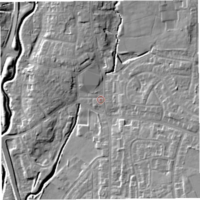 Shaded relief map of the ground around PR251UQ, computed from Environment Agency LiDAR. The ground here sits at about 17 m above sea level and falls 12 m across the surrounding 800 m. Surface water reaching this point runs off ground lying to the north-east, 7.7 m higher.