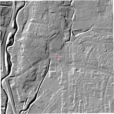 Shaded relief map of the ground around PR251UU, computed from Environment Agency LiDAR. The ground here sits at about 17 m above sea level and falls 12 m across the surrounding 800 m. Surface water reaching this point runs off ground lying to the south-east, 8.3 m higher.