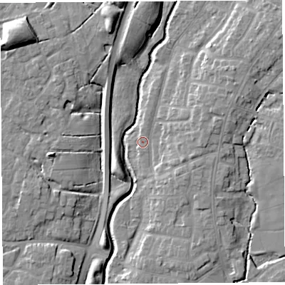 Shaded relief map of the ground around PR251YB, computed from Environment Agency LiDAR. The ground here sits at about 18 m above sea level and falls 13 m across the surrounding 800 m. Surface water reaching this point runs off ground lying to the east-north-east, 4.8 m higher.
