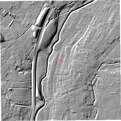Shaded relief map of the ground around PR251YD, computed from Environment Agency LiDAR. The ground here sits at about 19 m above sea level and falls 11 m across the surrounding 800 m. Surface water reaching this point runs off ground lying to the east-north-east, 4.0 m higher.
