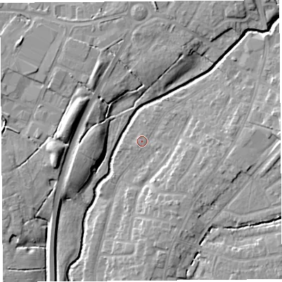Shaded relief map of the ground around PR251YE, computed from Environment Agency LiDAR. The ground here sits at about 19 m above sea level and falls 10 m across the surrounding 800 m. Surface water reaching this point runs off ground lying to the east-south-east, 4.8 m higher.