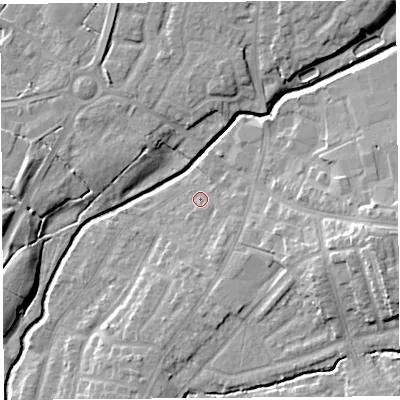 Shaded relief map of the ground around PR251YH, computed from Environment Agency LiDAR. The ground here sits at about 20 m above sea level and falls 15 m across the surrounding 800 m. Surface water reaching this point runs off ground lying to the south-south-east, 3.0 m higher.