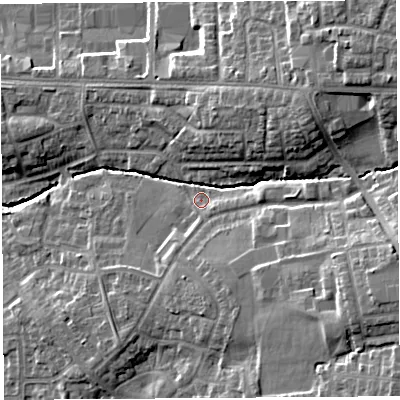 Shaded relief map of the ground around PR252GB, computed from Environment Agency LiDAR. The ground here sits at about 28 m above sea level and falls 15 m across the surrounding 800 m. Surface water reaching this point runs off ground lying to the east-south-east, 10.1 m higher.
