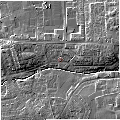 Shaded relief map of the ground around PR252GD, computed from Environment Agency LiDAR. The ground here sits at about 28 m above sea level and falls 16 m across the surrounding 800 m. Surface water reaching this point runs off ground lying to the east, 4.0 m higher.