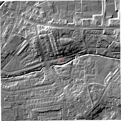 Shaded relief map of the ground around PR252GE, computed from Environment Agency LiDAR. The ground here sits at about 25 m above sea level and falls 16 m across the surrounding 800 m. Surface water reaching this point runs off ground lying to the north-north-west, 6.0 m higher.
